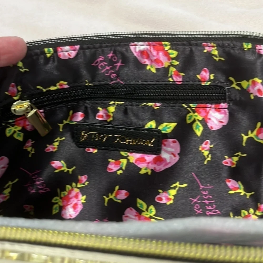 Betsy Johnson black and white striped sequined purse pink strap NWOT